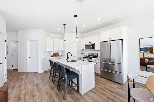 4646 Alder Drive, Unit 223 Mapleton, UT 84664 - Photo 8 of 35 Modern kitchen featuring white shaker cabinetry, stainless steel appliances, a white subway tile backsplash, and a central island with integrated seating