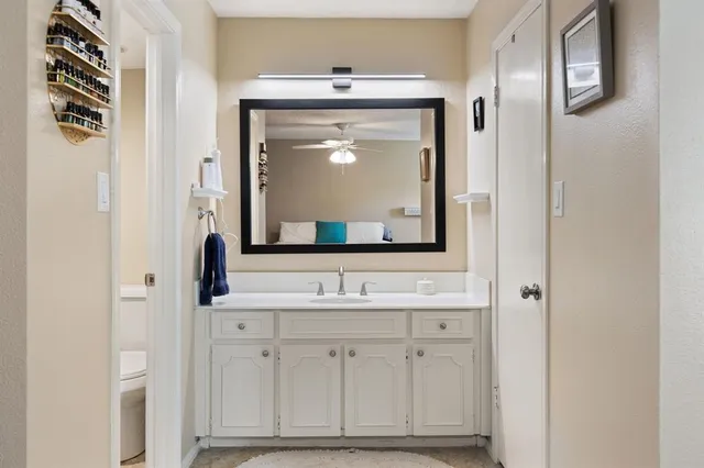a bathroom with a sink vanity and a mirror