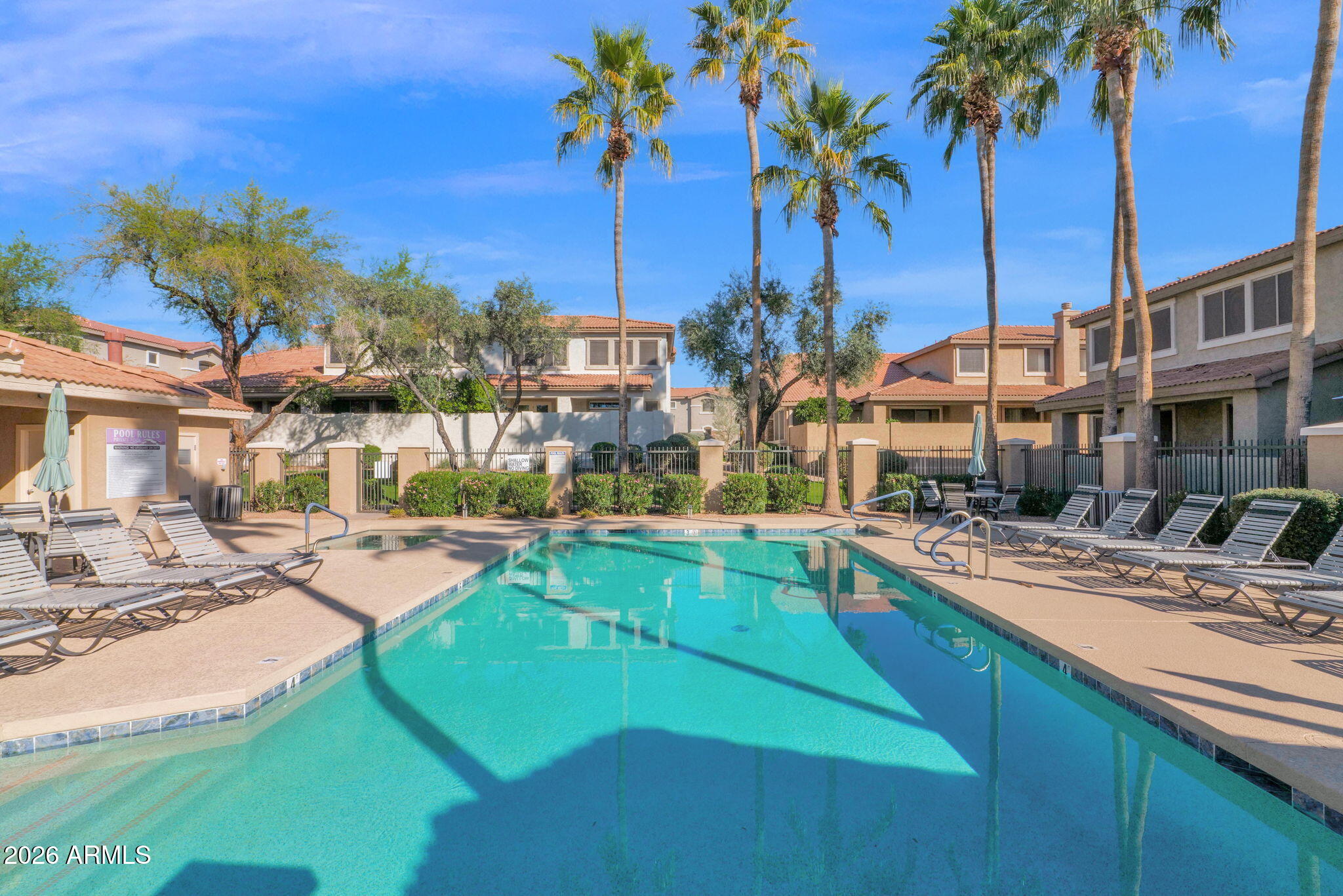 1024 East Frye Road, Unit 1092 Phoenix, AZ 85048 - Photo 33 of 35 a view of a swimming pool with a lawn chairs under palm trees