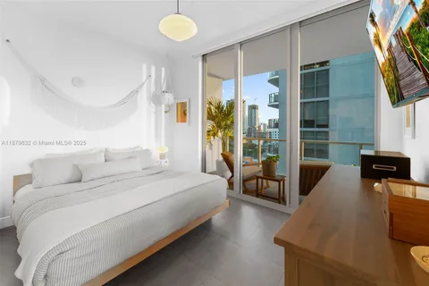 a spacious bedroom with a bed and a flat tv screen on dresser