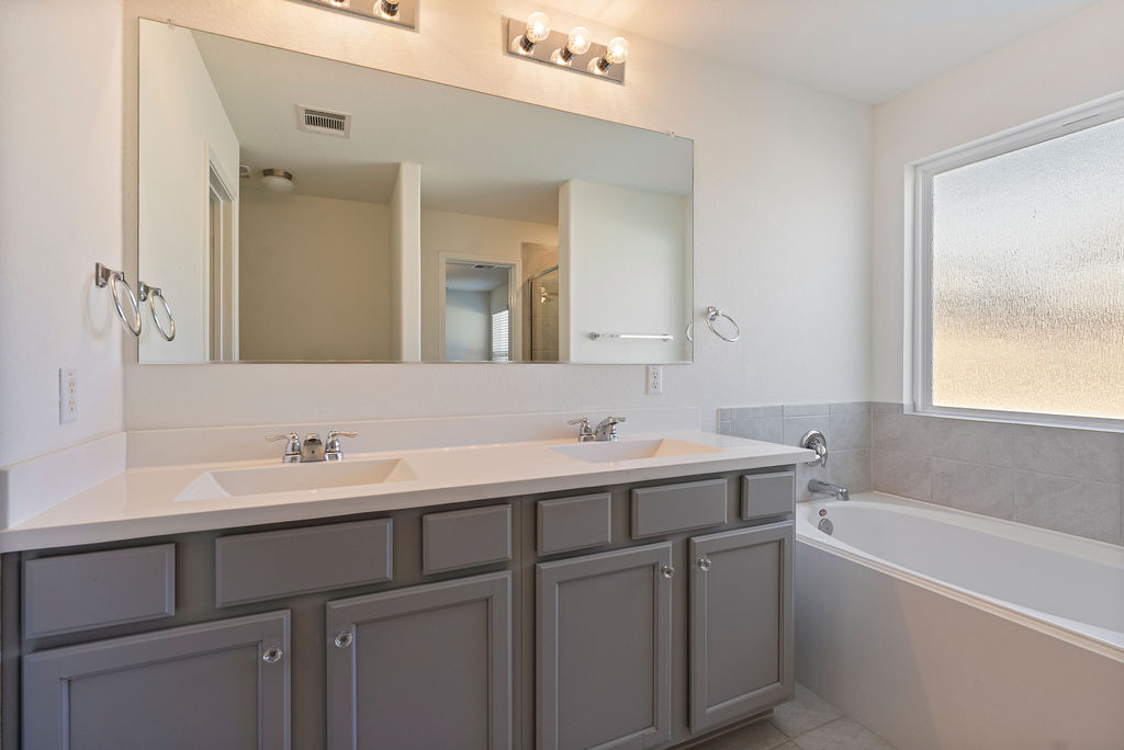 156 Red Buckeye Loop Liberty Hill, TX 78642 - Photo 19 of 27 a bathroom with a tub a sink and mirror