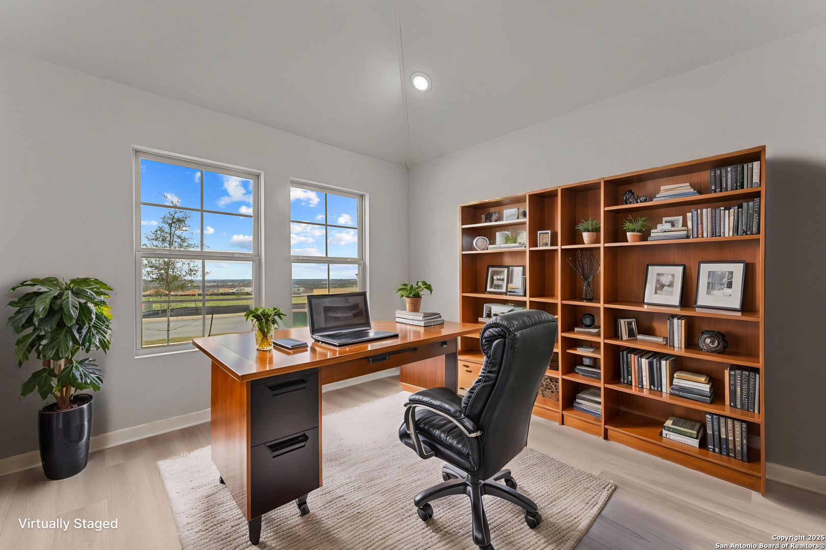 8626 Rucker Pond Trail San Antonio, TX 78252 - Photo 18 of 24 a living room with furniture a bookshelf and a potted plant