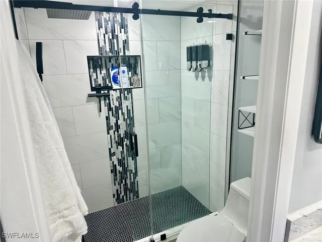 a bathroom with a shower and toilet