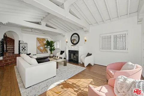 a living room with furniture a fireplace and a potted plant