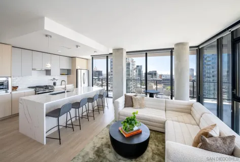 a living room with furniture and a potted plant
