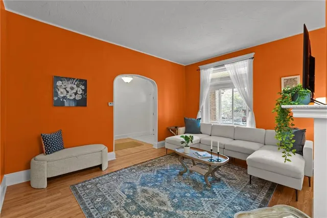 a living room with furniture a rug and a window