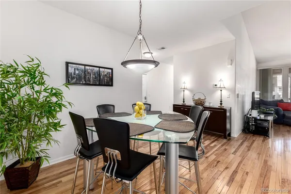 a view of a dining room with furniture and wooden floor