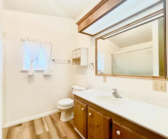 a bathroom with a sink a toilet and a mirror