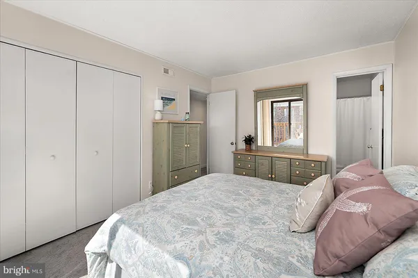 a bedroom with a bed and a closet