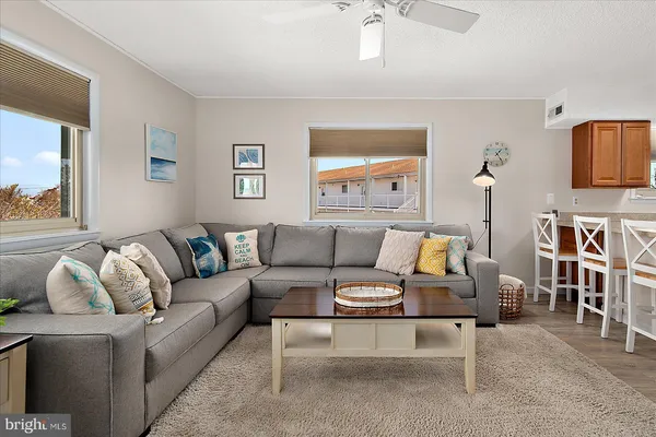 a living room with furniture a rug and a window