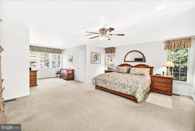 a bedroom with a bed couch and a window