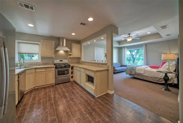 a view of a lake with an outdoor space