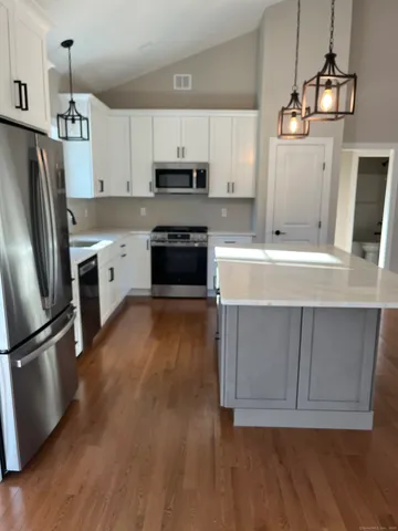 a kitchen with stainless steel appliances wooden floor sink and wooden cabinets
