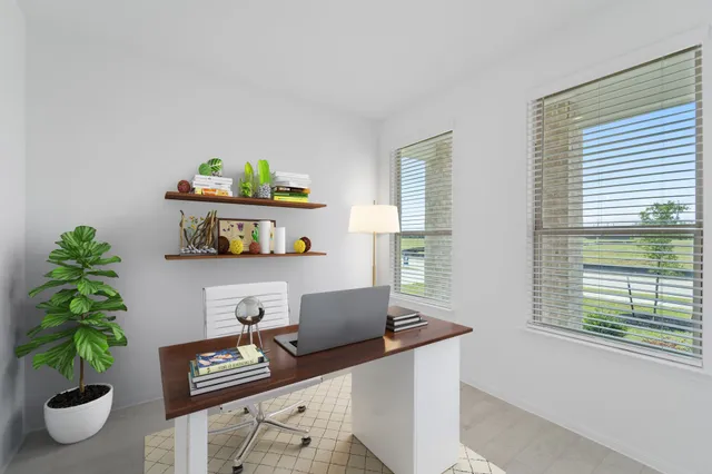 a living room with furniture and a potted plant