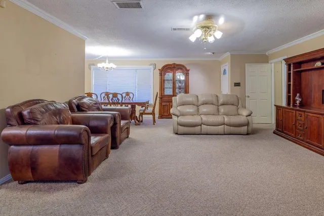 a living room with furniture ceiling fan and a rug