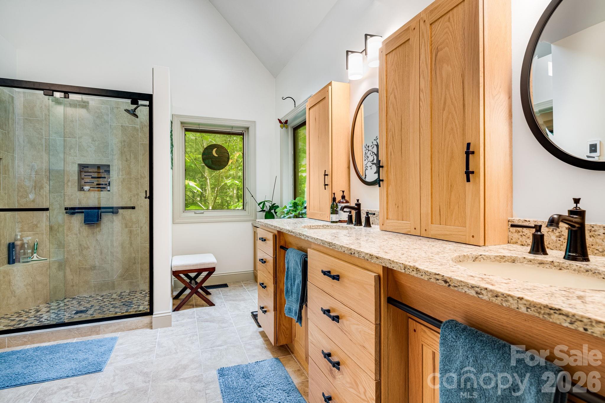 5584 Spring Road Hendersonville, NC 28739 - Photo 24 of 45 a bathroom with a granite countertop sink a mirror a vanity and a shower