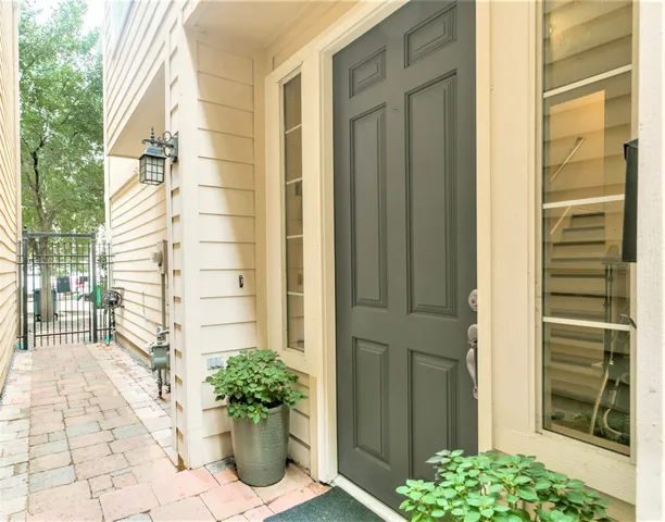 a potted plant sitting in front of a door