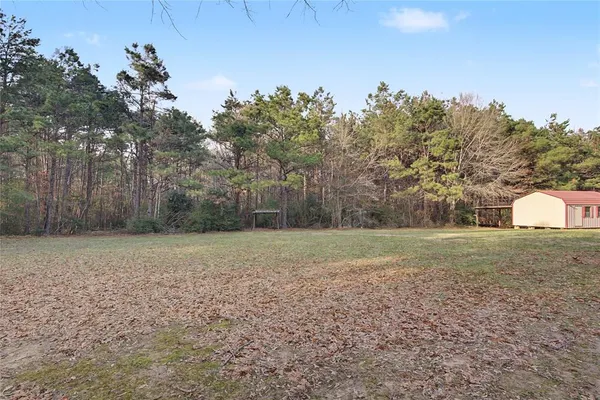 a view of a field with trees in the background