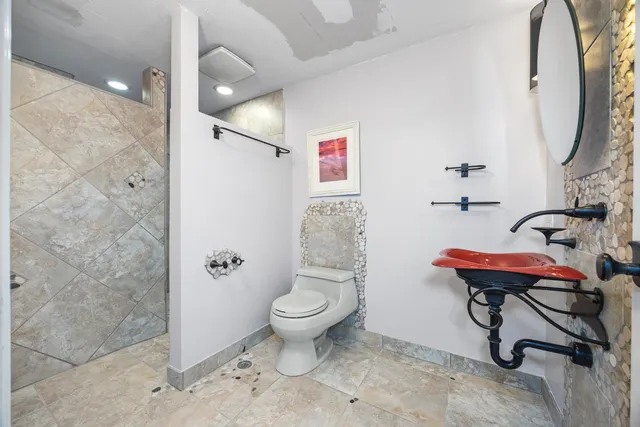 a bathroom with a toilet and a shower