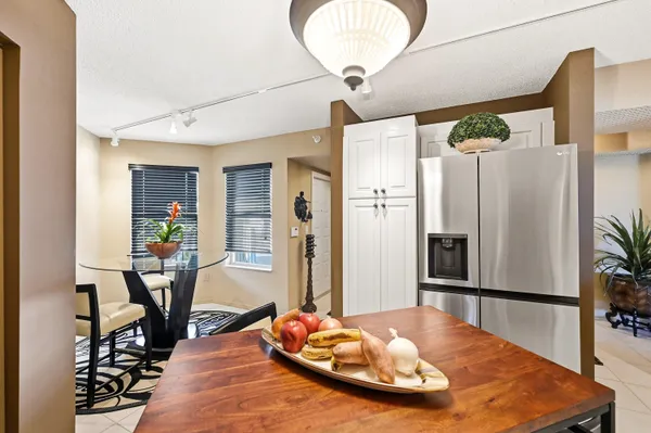 a view of a dining room with furniture