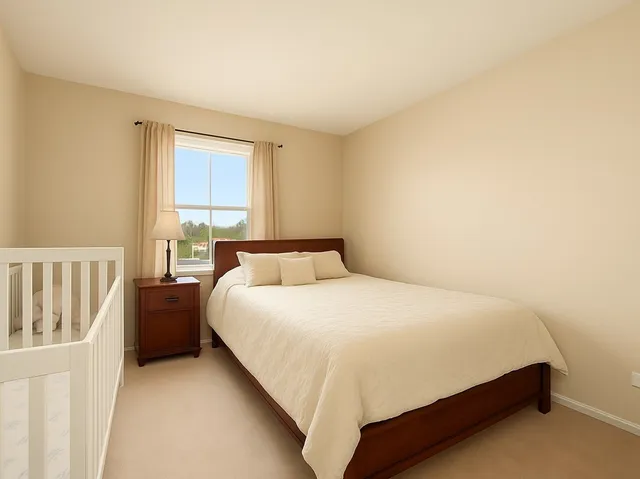 a large bed sitting in a bedroom next to a window