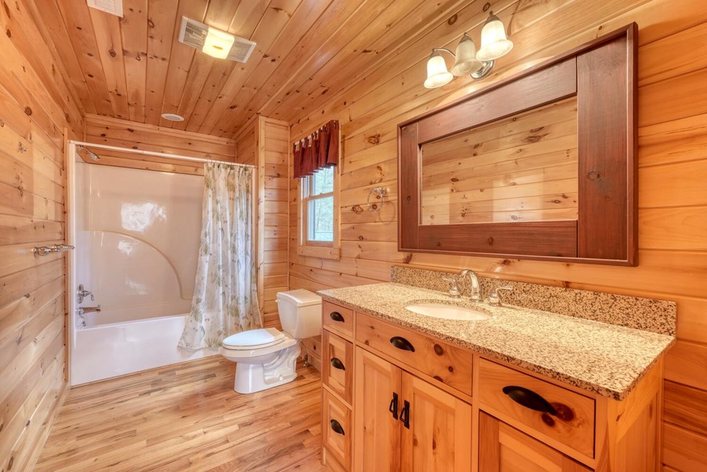 180 Shepherds Ridge Morganton, GA 30560 - Photo 53 of 66 a bathroom with a granite countertop sink a toilet a mirror and shower