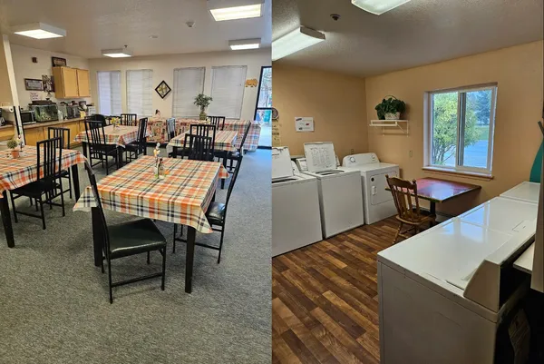 a view of a dining room with furniture