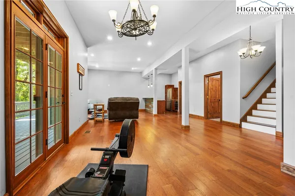 a view of balcony with wooden floor