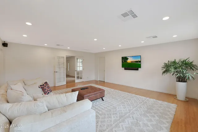 a living room with furniture and a potted plant
