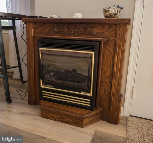 a close view of a fireplace in the room