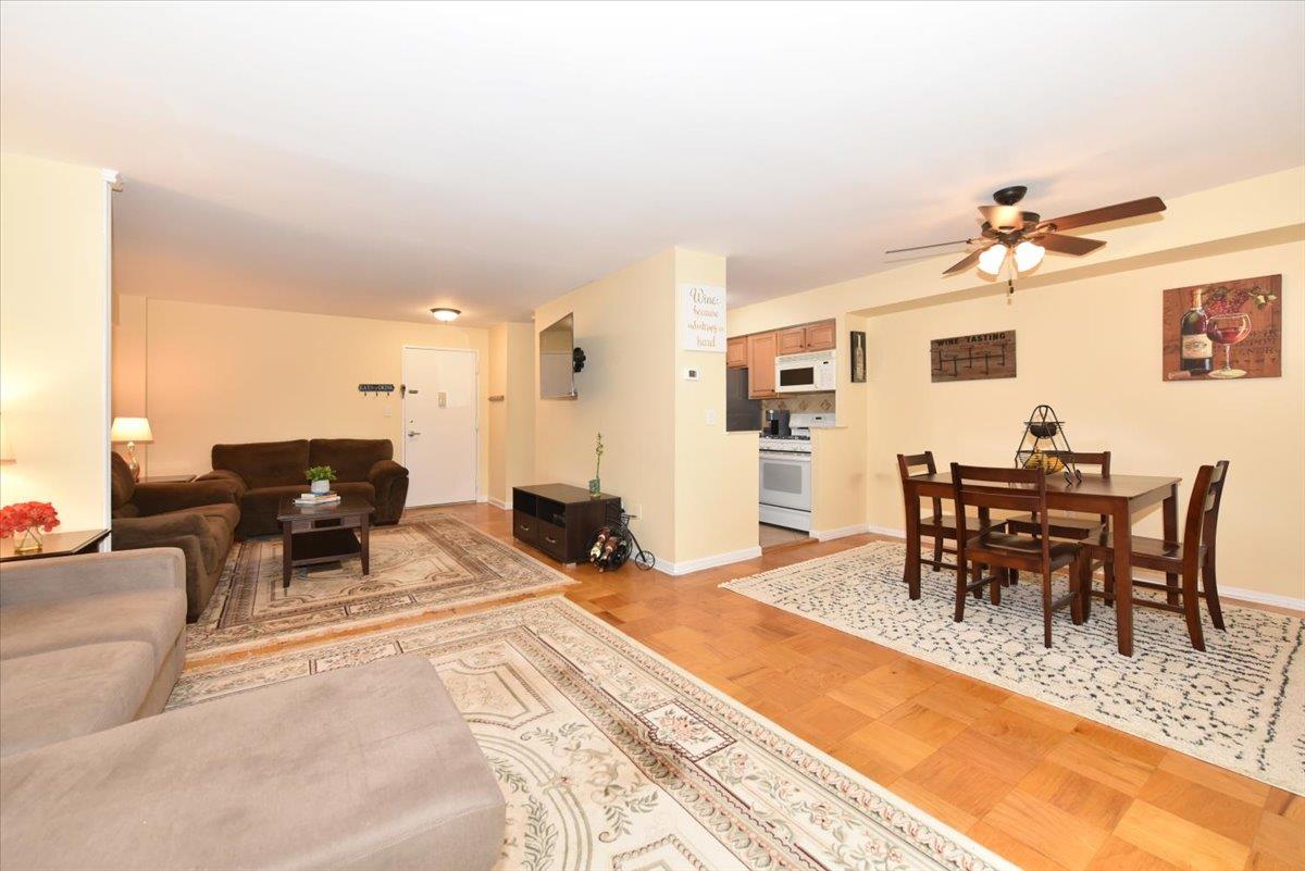 320 East Shore Road, Unit 10C Great Neck, NY 11023 - Photo 13 of 30 Living room with a ceiling fan and light wood-style floors