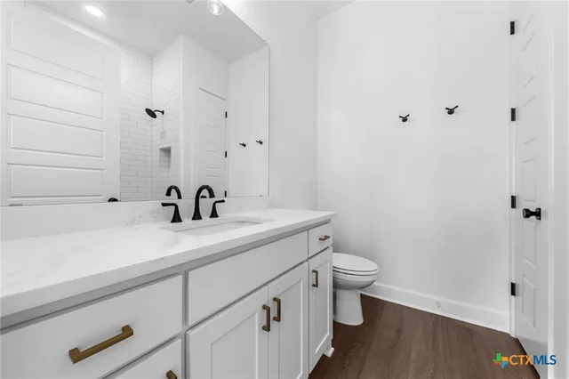 a bathroom with a sink a toilet and a shower