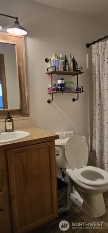 a bathroom with a sink a toilet and a mirror