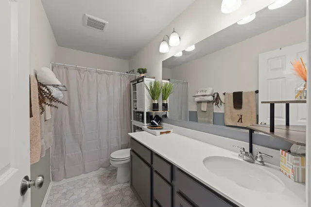 a bathroom with double vanity sink a toilet a mirror and shower