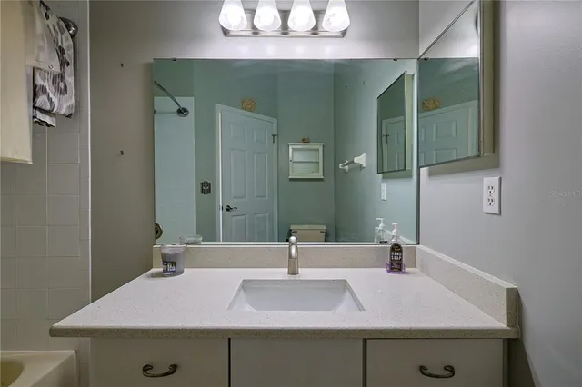 a bathroom with a sink and a mirror