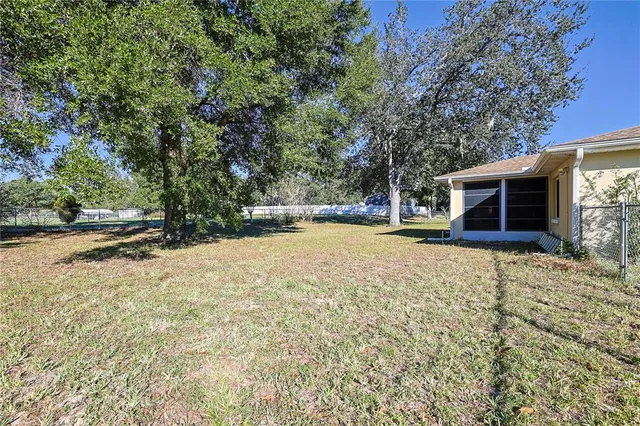 a view of a backyard with large trees