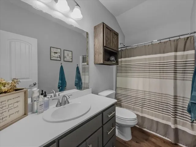 a bathroom with a sink a toilet and mirror