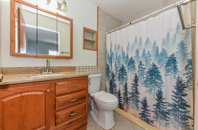 a bathroom with a granite countertop sink toilet and shower