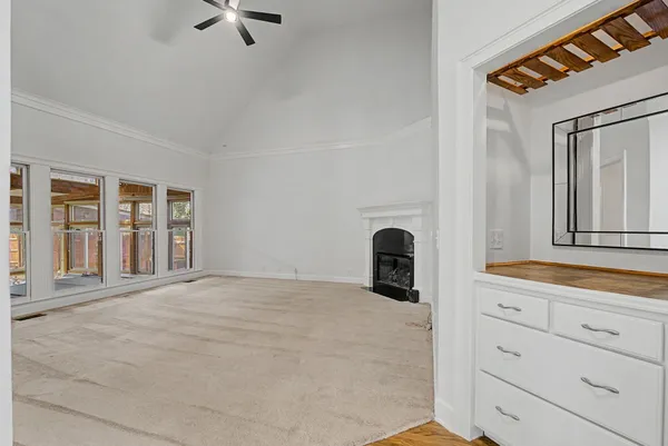 a view of a livingroom with a fireplace