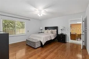 a bedroom with a bed and a night stand