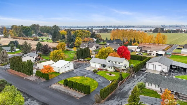 an aerial view of a swimming pool