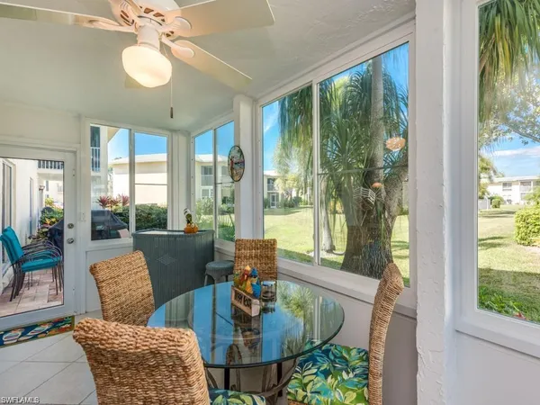 a view of a dining room with furniture window and outside view