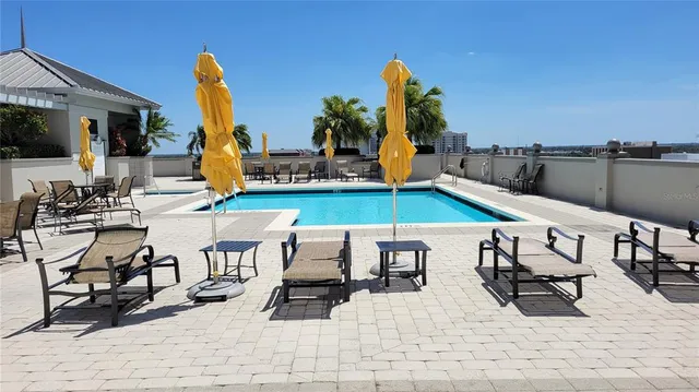 a swimming pool with outdoor view