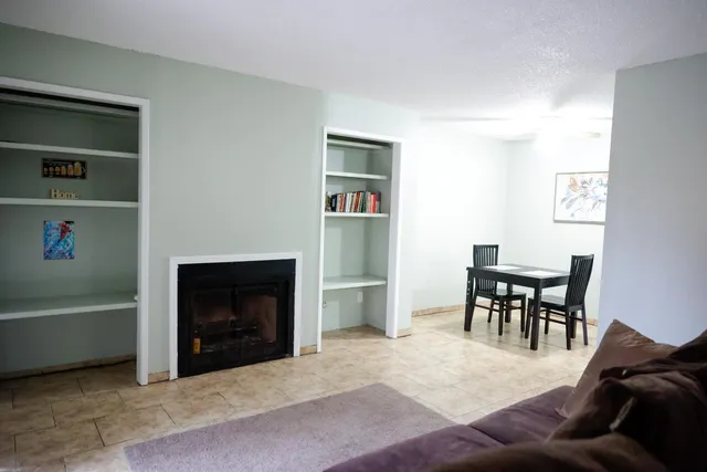a living room with furniture and a fireplace