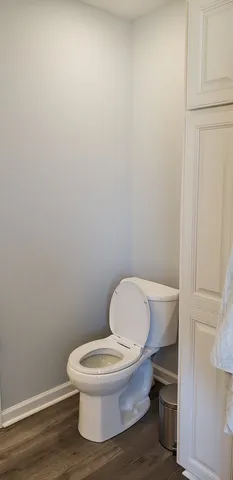 a white toilet sitting next to a white cabinet