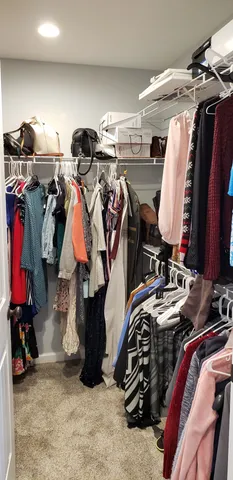 a view of walk in closet with clothes and shoes