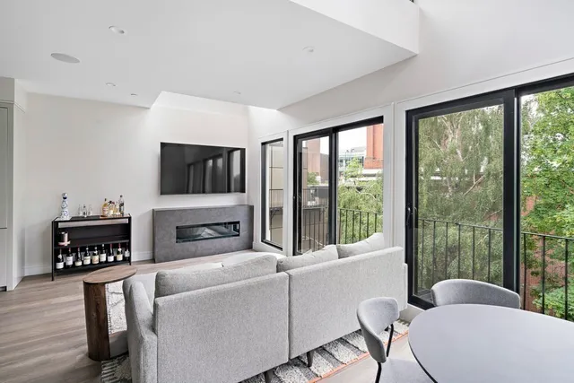 a living room with furniture a fireplace and a large window