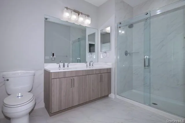 a bathroom with a double vanity sink mirror and toilet
