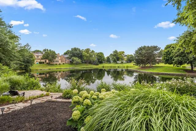 a view of a lake with a yard and large trees