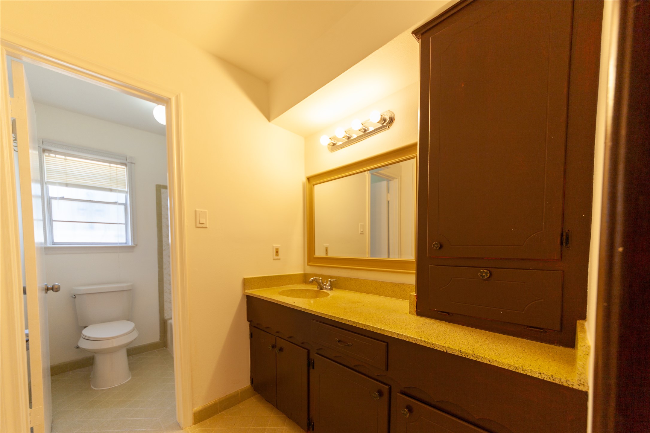 8826 Roos Road Houston, TX 77036 - Photo 26 of 42 This bathroom features a spacious layout with a large vanity, ample storage, and warm lighting. The adjoining room includes a toilet and a window for natural light.